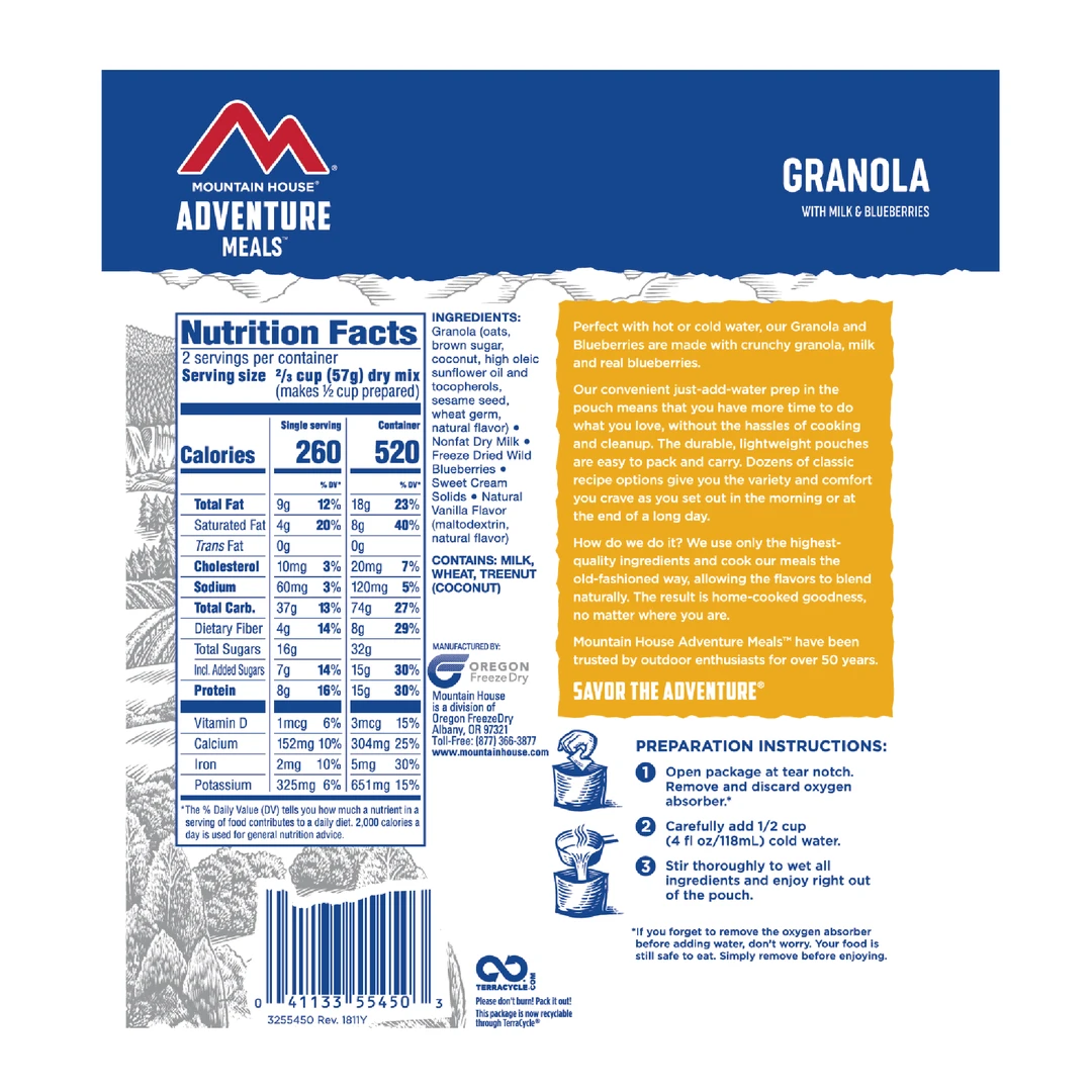 FOOD Mountain House Adventure Meal Granola W/ Milk & Blueberries 4 FOOD Mountain House Adventure Meal Granola W/ Milk & Blueberries